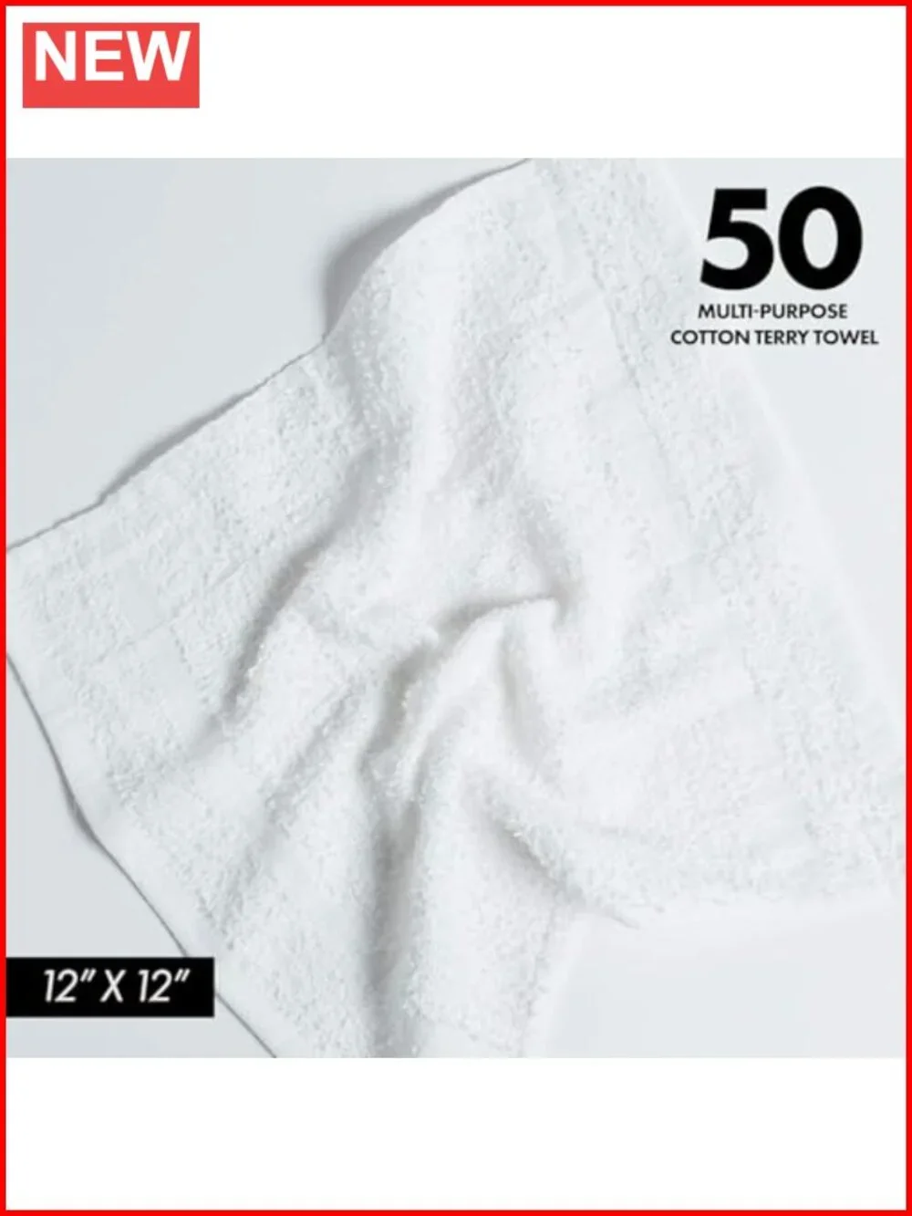 100% Cotton Terry Cleaning Cloths 50 Pack 12x12 Reusable Multipurpose Towels